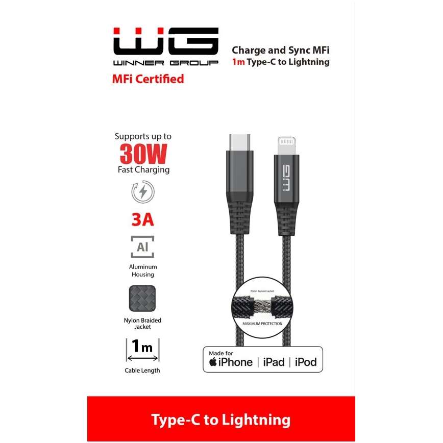 Winner Group - USB-kabel MFI Lightning / USB-C 1m zwart