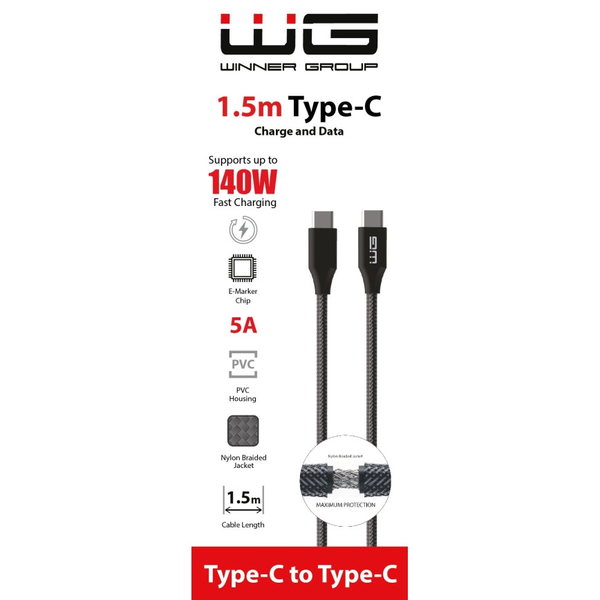 Winner Group - USB-kabel USB-C / USB-C 140W 1,5m zwart