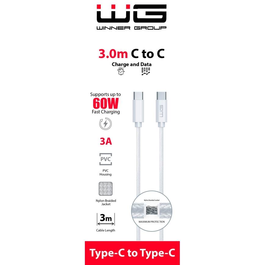 Winner Group - USB-kabel USB-C / USB-C 60W 3m wit