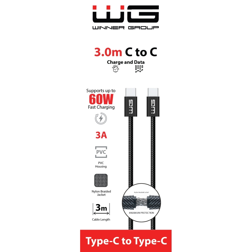 Winner Group - USB-kabel USB-C / USB-C 60W 3m zwart