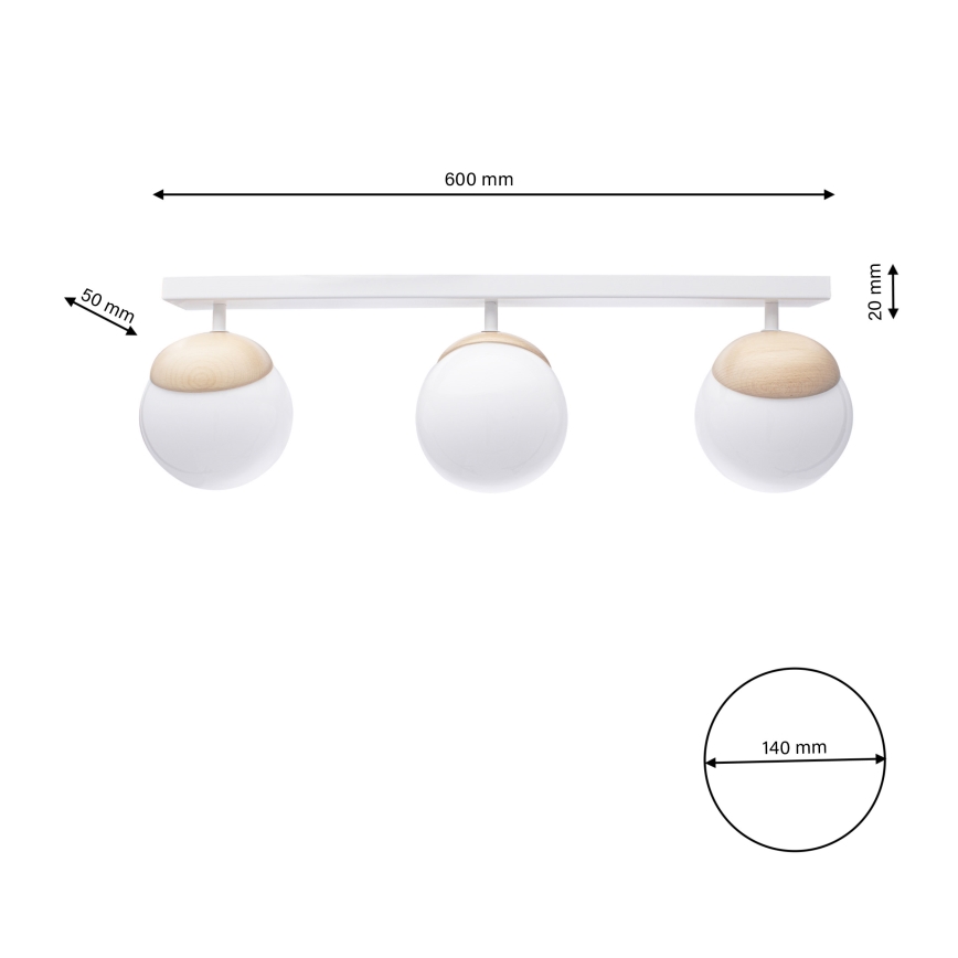 Witte Opbouw plafondlamp SFERA WOOD 3x E14 / 40W / 230V