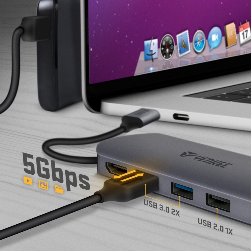 Yenkee - Multi-poort adapter 8in1 USB type C