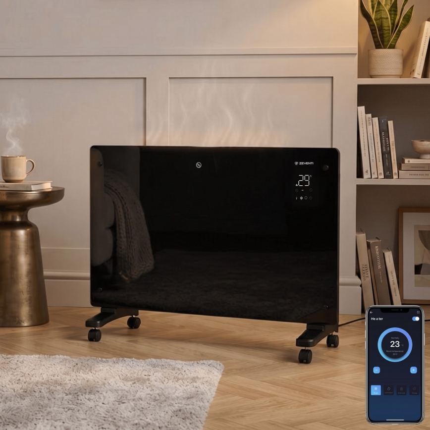 ZEVENTI - Convecteur/radiateur électrique mural intelligent avec écran LCD 1000/2000W/230V Wi-Fi noir