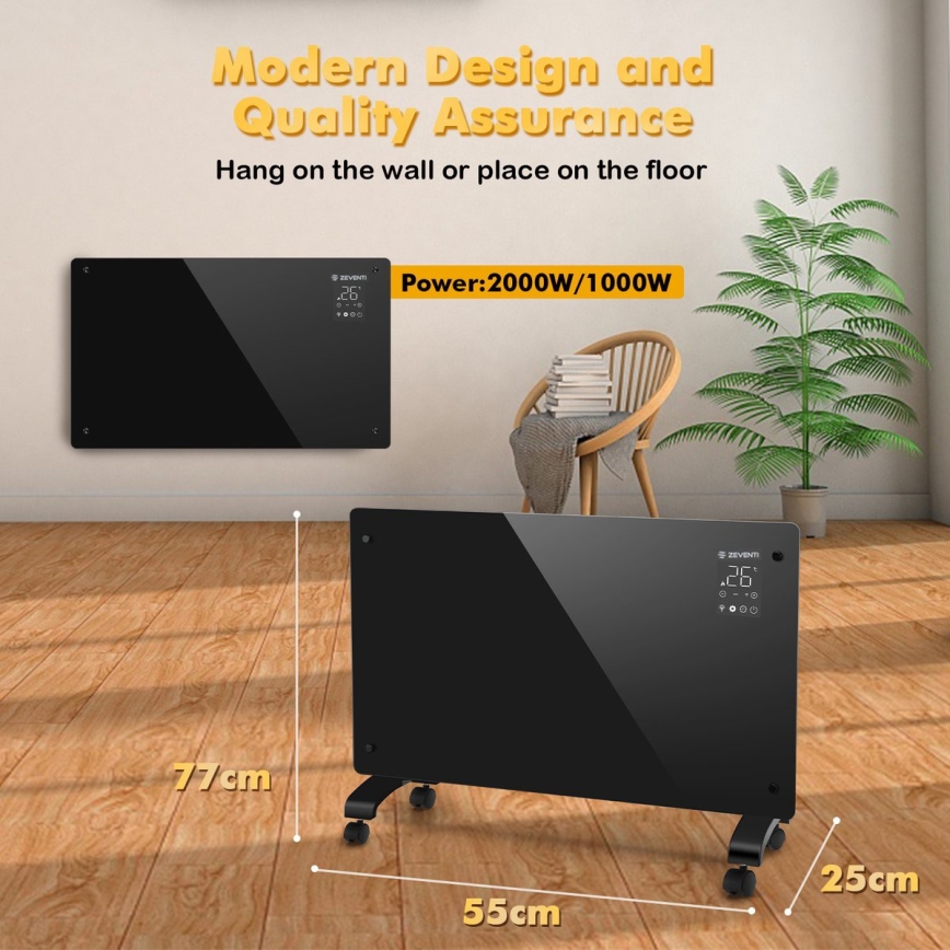 ZEVENTI - Convecteur/radiateur électrique mural intelligent avec écran LCD 1000/2000W/230V Wi-Fi noir