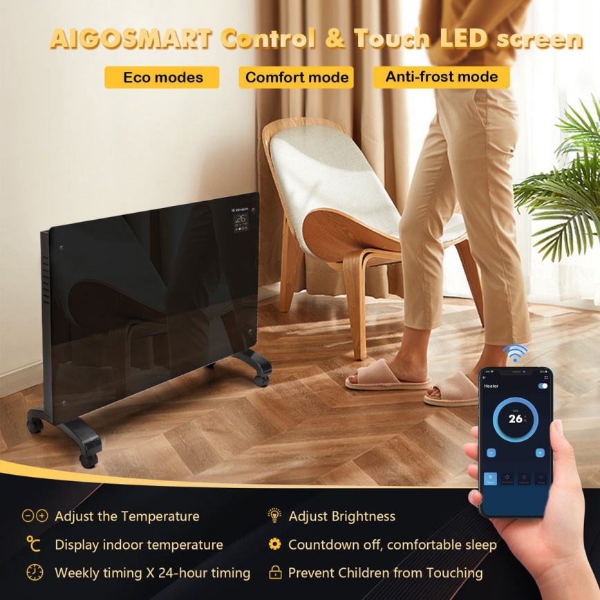 ZEVENTI - Convecteur/radiateur électrique mural intelligent avec écran LCD 1000/2000W/230V Wi-Fi noir