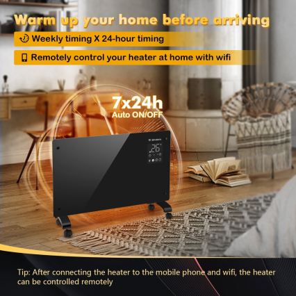 ZEVENTI - Convecteur/radiateur électrique mural intelligent avec écran LCD 1000/2000W/230V Wi-Fi noir