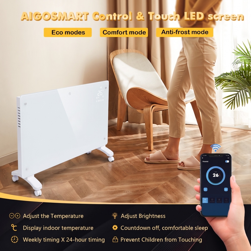 ZEVENTI - Radiateur électrique mural intelligent/convecteur avec écran LCD 1000/2000W/230V Wi-Fi blanc