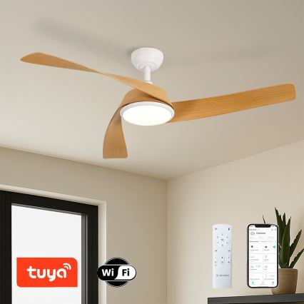 ZEVENTI - LED dimbare plafondventilator AERYS LED/24W/230V 3000/4000/6000K Wi-Fi Tuya wit/eiken + afstandsbediening