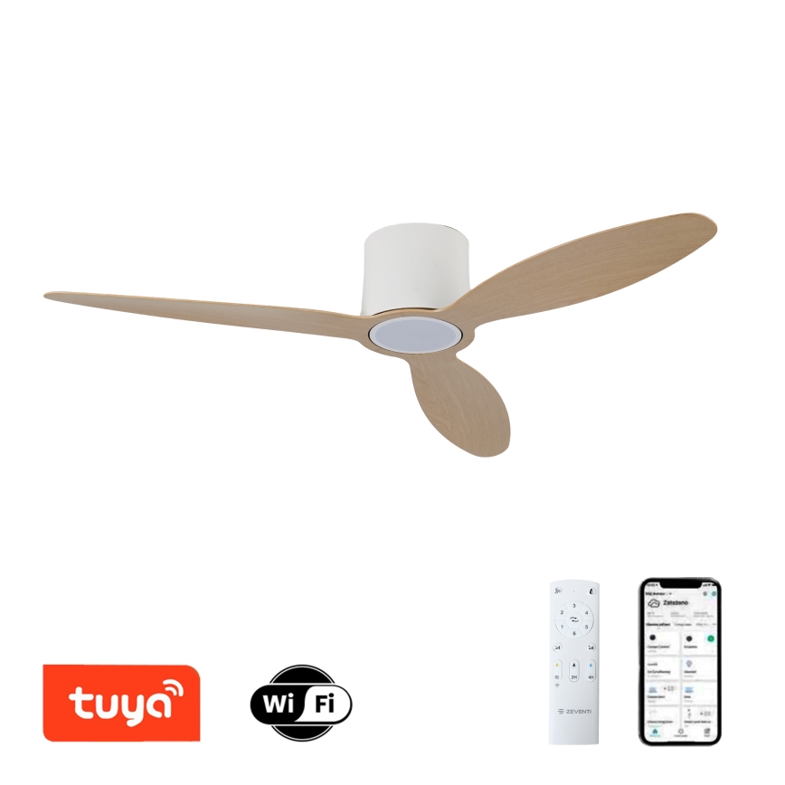 ZEVENTI - Dimbare LED-plafondventilator VENTORA LED/24W/230V 3000/4000/6000K Wi-Fi Tuya wit/eiken + afstandsbediening