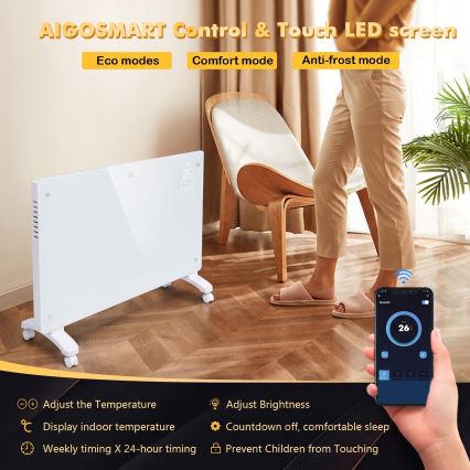 ZEVENTI - Slimme wandgemonteerde elektrische directe verwarming/convectorkachel met LCD-display 1000/2000W/230V Wi‑Fi wit