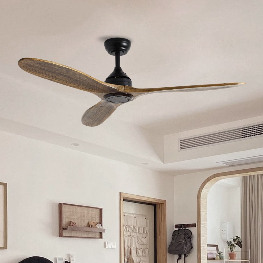 ZEVENTI - Ventilateur de plafond LAURIA Wi-Fi Tuya noir/chêne + Télécommande