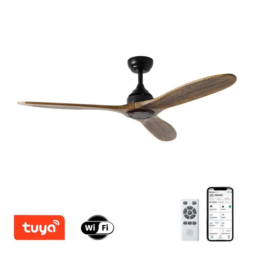 ZEVENTI - Ventilateur de plafond LAURIA Wi-Fi Tuya noir/chêne + Télécommande