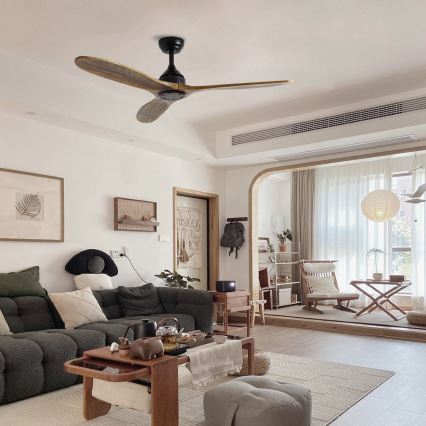 ZEVENTI - Ventilateur de plafond LAURIA Wi-Fi Tuya noir/chêne + Télécommande