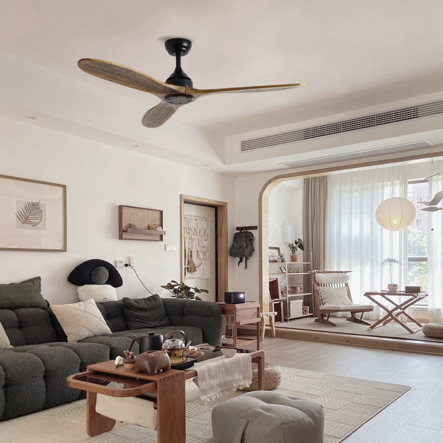 ZEVENTI - Ventilateur de plafond LAURIA Wi-Fi Tuya noir/chêne + Télécommande
