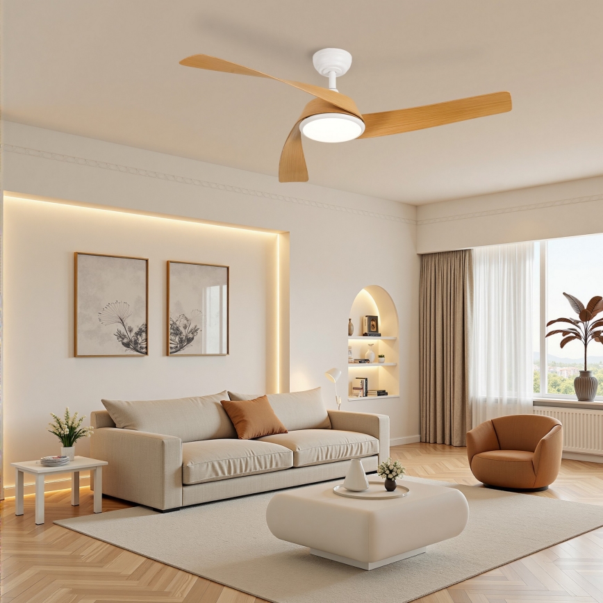 ZEVENTI - Ventilateur de plafond LED dimmable AERYS LED/24W/230V 3000/4000/6000K Wi-Fi Tuya blanc/chêne + télécommande