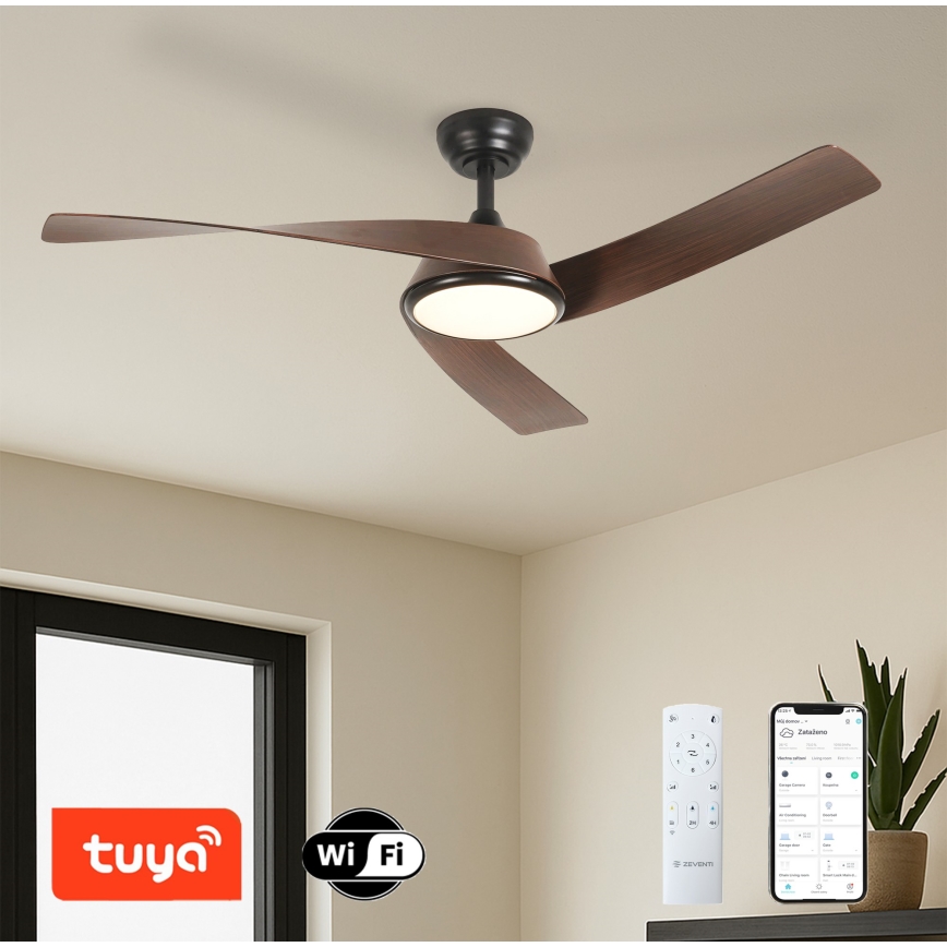 ZEVENTI - Ventilateur de plafond LED dimmable AERYS LED/24W/230V 3000/4000/6000K Wi-Fi Tuya noir/noyer + télécommande