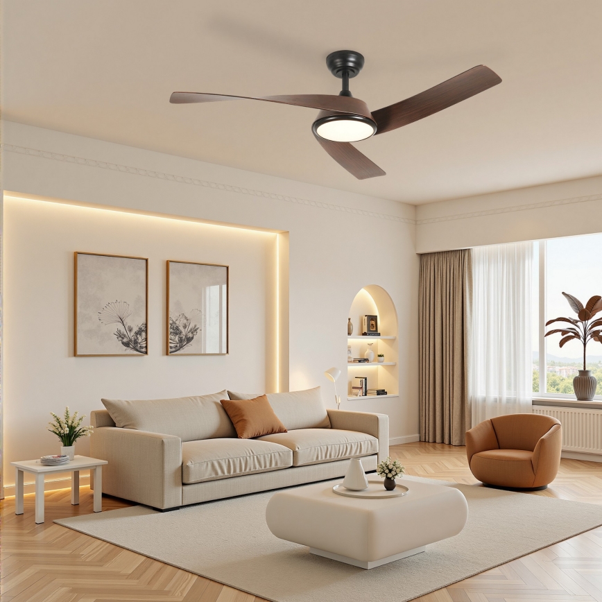 ZEVENTI - Ventilateur de plafond LED dimmable AERYS LED/24W/230V 3000/4000/6000K Wi-Fi Tuya noir/noyer + télécommande