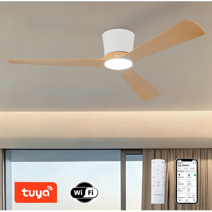 ZEVENTI - Ventilateur de plafond LED dimmable AUREX LED/24W/230V 3000/4000/6000K Wi-Fi Tuya blanc/chêne + télécommande