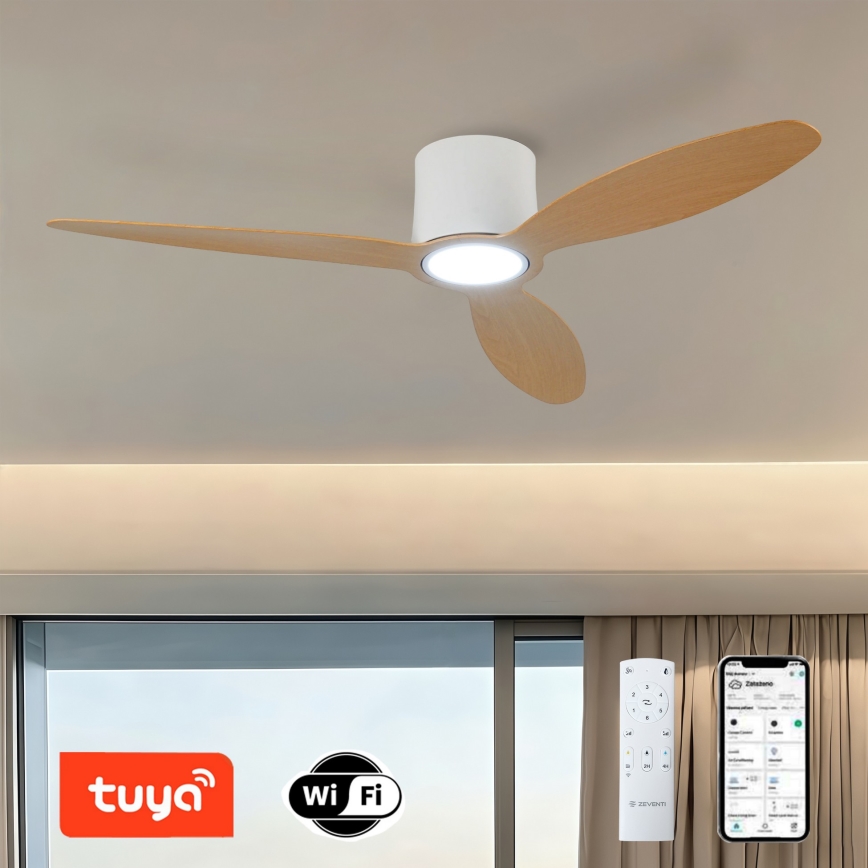 ZEVENTI - ventilateur de plafond LED dimmable VENTORA LED/24W/230V 3000/4000/6000K Wi-Fi Tuya blanc/chêne + télécommande