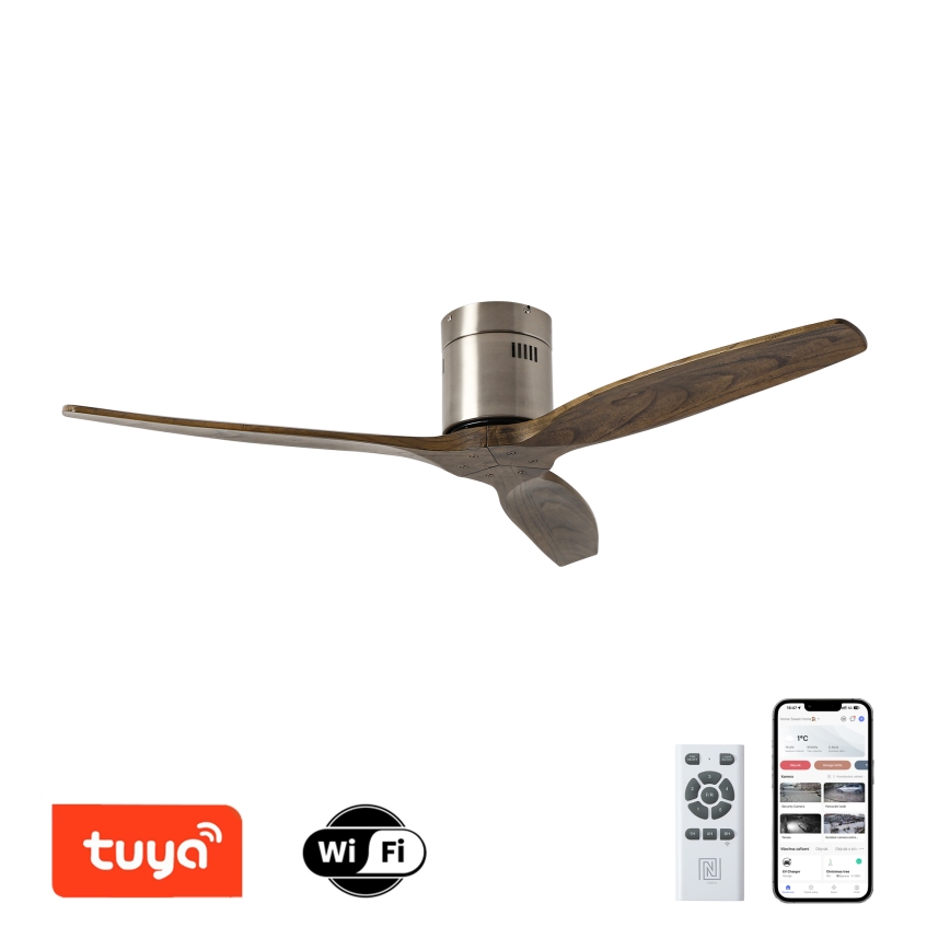 ZEVENTI - Ventilateur de plafond SPELLO Wi-Fi Tuya chrome mat/chêne + Télécommande