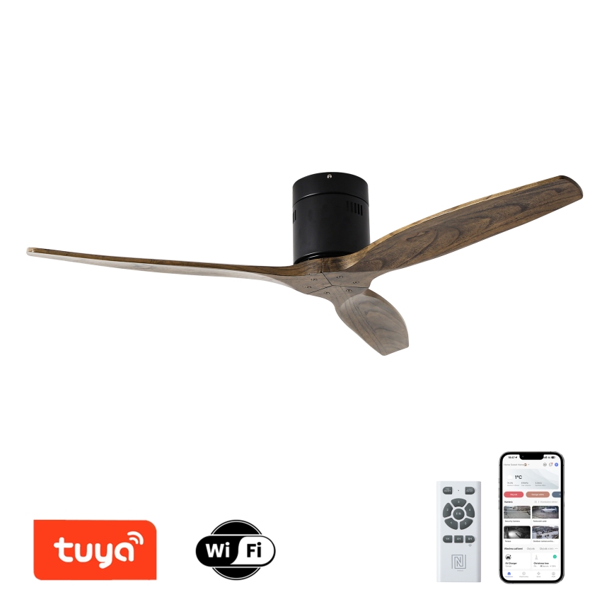 ZEVENTI - Ventilateur de plafond SPELLO Wi-Fi Tuya noir/chêne + Télécommande
