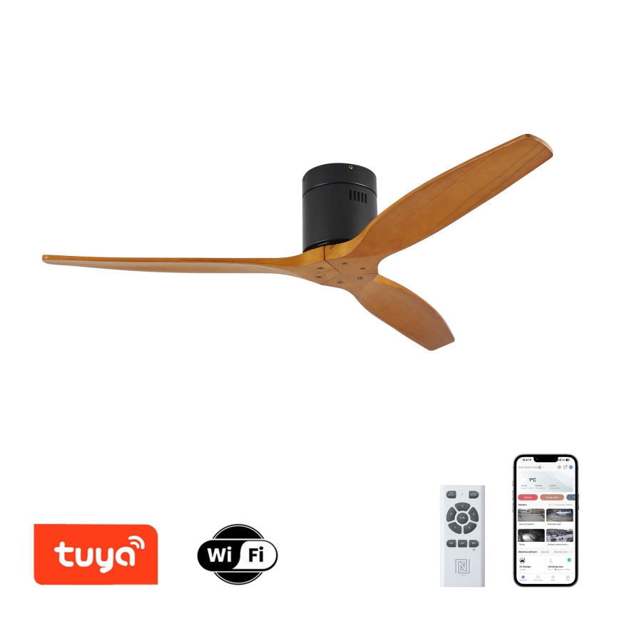 ZEVENTI - Ventilateur de plafond SPELLO Wi-Fi Tuya noir/chêne + Télécommande