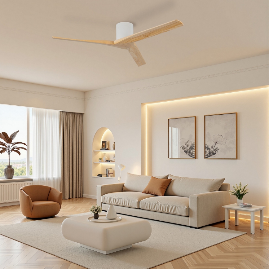 ZEVENTI - Ventilateur de plafond VELLON Wi-Fi Tuya blanc/bois de paulownia + télécommande