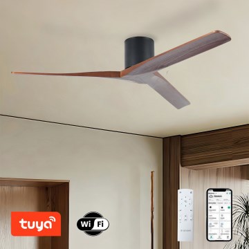 ZEVENTI - Ventilateur de plafond VELLON Wi-Fi Tuya noir/noyer + télécommande